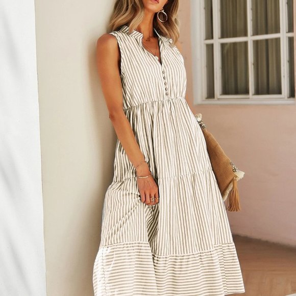 Multicolor Boho Womens Striped Print Notched Neck A-line Dress - Picture 5 of 5